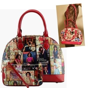Glossy magazine cover collage dome satchel bag purses bowling bag. New